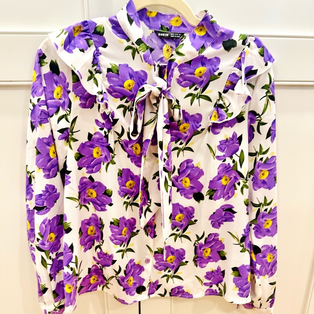 SHEIN Purple Floral Tie-Neck Blouse Size M Ruffle Long Sleeve Top